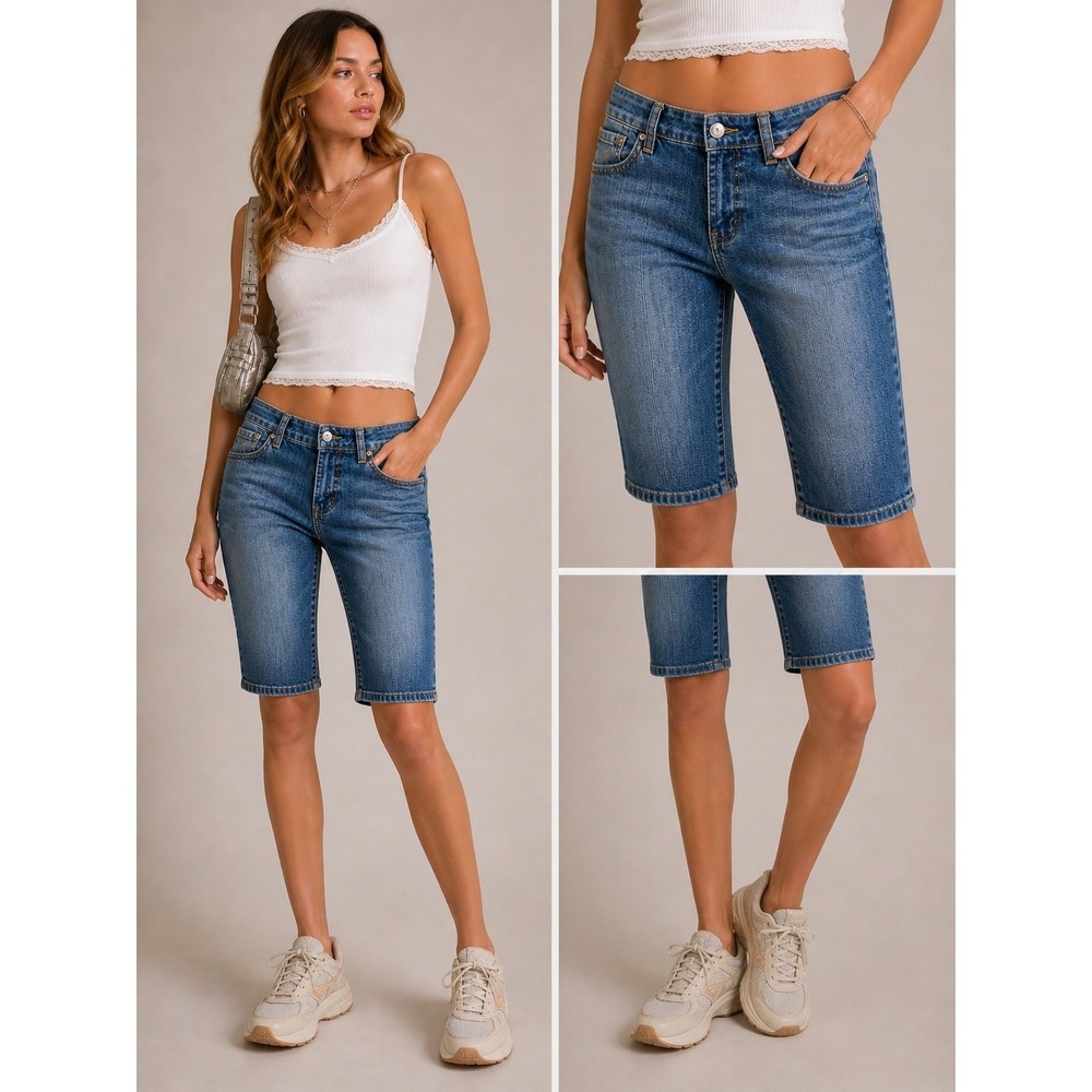 Rocawear Womens Blue Denim Capri Jeans Embroidered Pockets Size 5 Medium Wash‎
